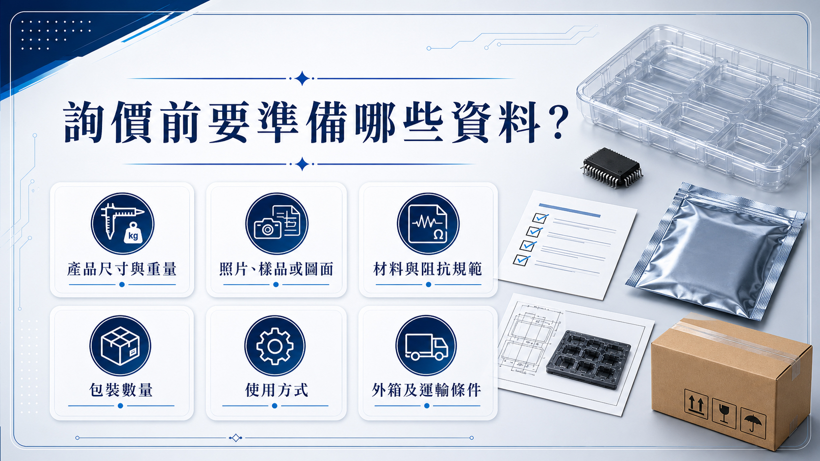 抗靜電包裝詢價所需的尺寸、規範、數量與出貨資料
