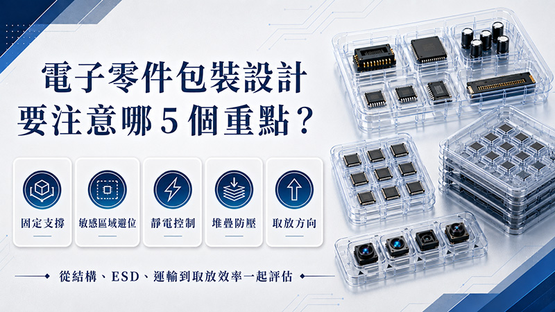 電子零件包裝五大設計重點,包含固定支撐、敏感區域避位、靜電控制、堆疊防壓與取放方向
