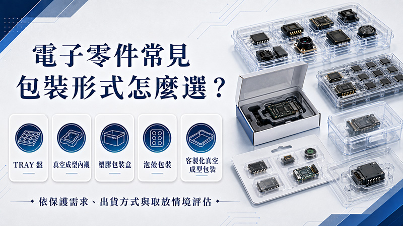 電子零件常見包裝形式包含 TRAY 盤、真空成型內襯、塑膠包裝盒、泡殼包裝與客製化真空成型包裝