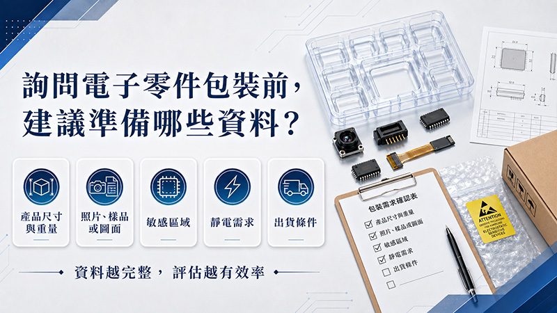 詢問電子零件包裝時需準備產品尺寸、照片、敏感區域、靜電需求與出貨條件