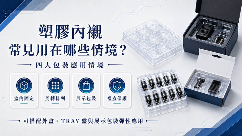 塑膠內襯常用於塑膠包裝盒、紙盒禮盒、電子零件、食品禮盒與精品展示包裝