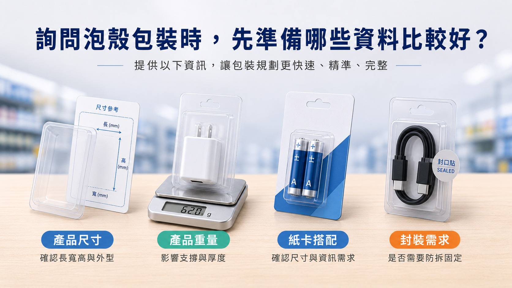 詢價泡殼包裝前可準備產品尺寸、重量、照片、紙卡搭配與封裝需求
